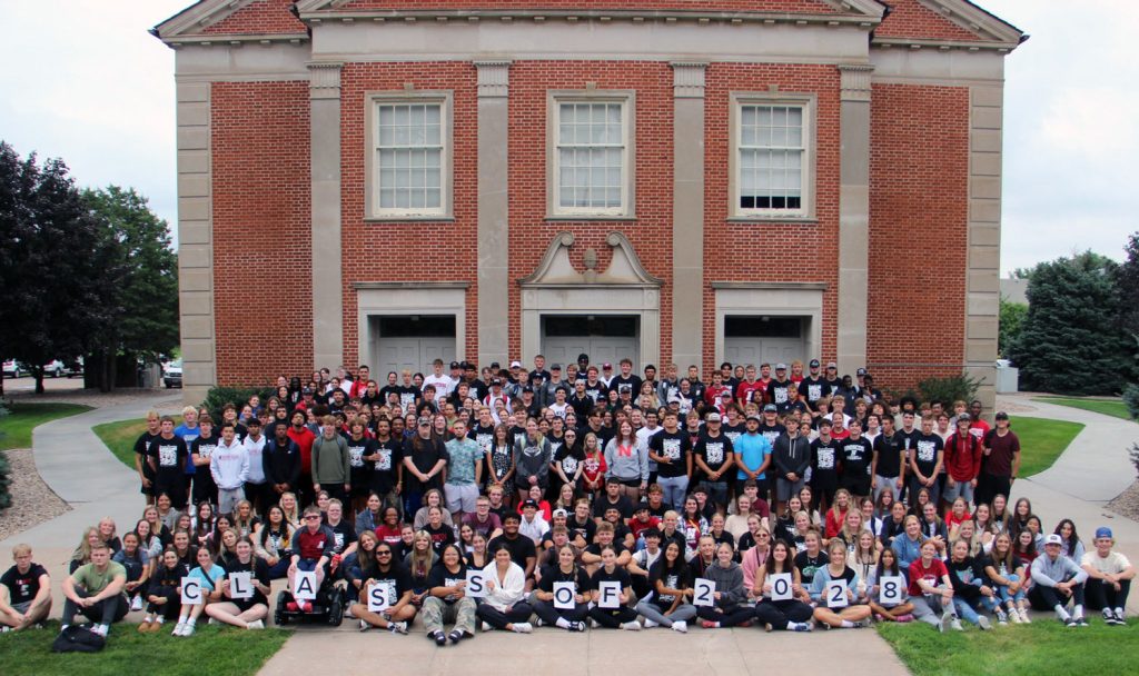 A photo of first year students in front of the chapel.