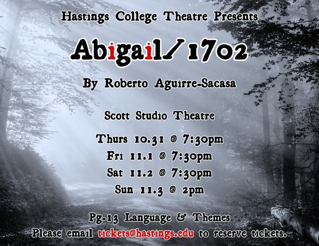 Poster for Abigail 1702 that has show times.