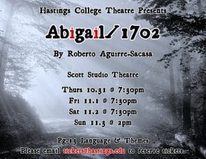 Poster for Abigail 1702 that has show times. 