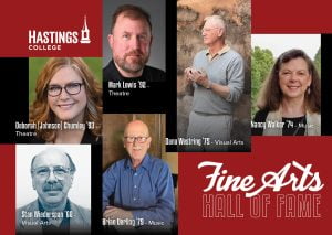 Pictures of Fine Arts Hall of Fame individuals, including Stan Wiederspan ‘60, Dana Westring ‘75, Dr. Nancy Walker ‘74, Brian Uerling ‘79, Mark Lewis ‘92 and Deborah (Johnson) Chumley ‘93.