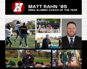 A photo collage showing Matt Rahn walking onto football field or interacting with players. 